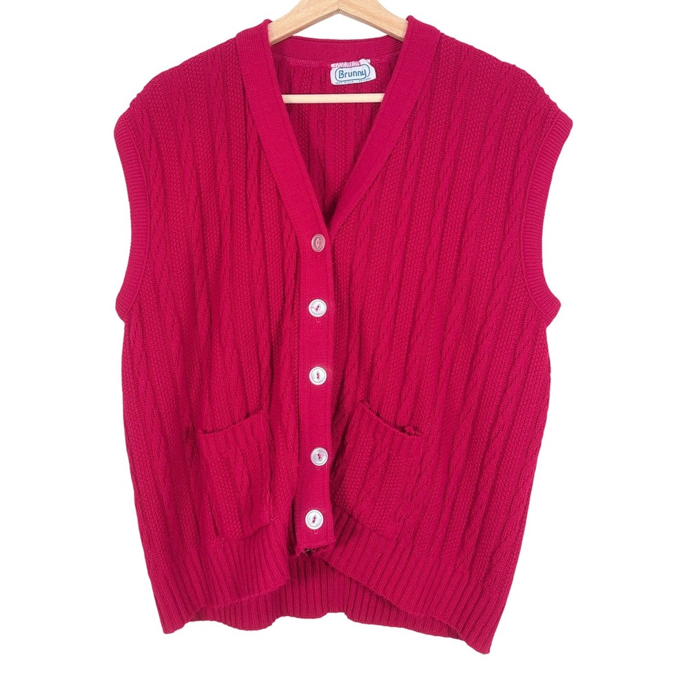 Vintage Brunny Cable‎ Knit Button Front Sleeveless Sweater Vest Women L Pink